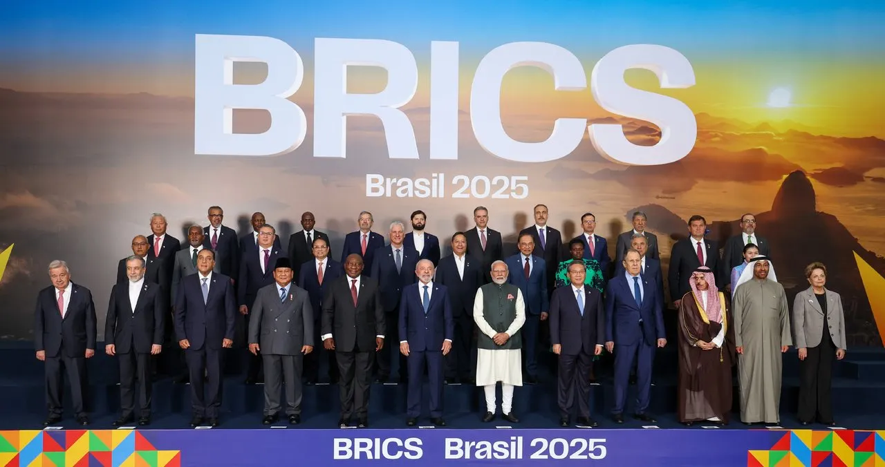 Around thirty heads of delegation stand in three rows for the family photograph at the 2025 BRICS summit in Rio de Janeiro, a grouping that began as four countries.